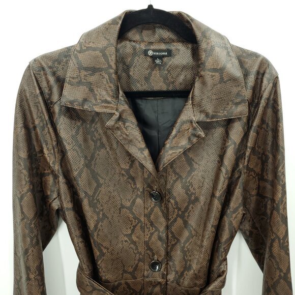 Versona Faux Snakeskin Long Line Belted Trench Coat L Brown/Black - Picture 4 of 16